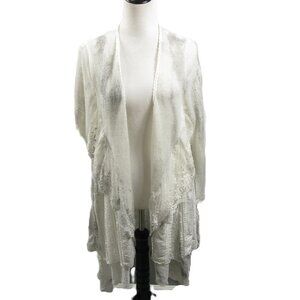 Lulu B White/Gray Lace Detail Lightweight Open Front Long Cardigan Size Small